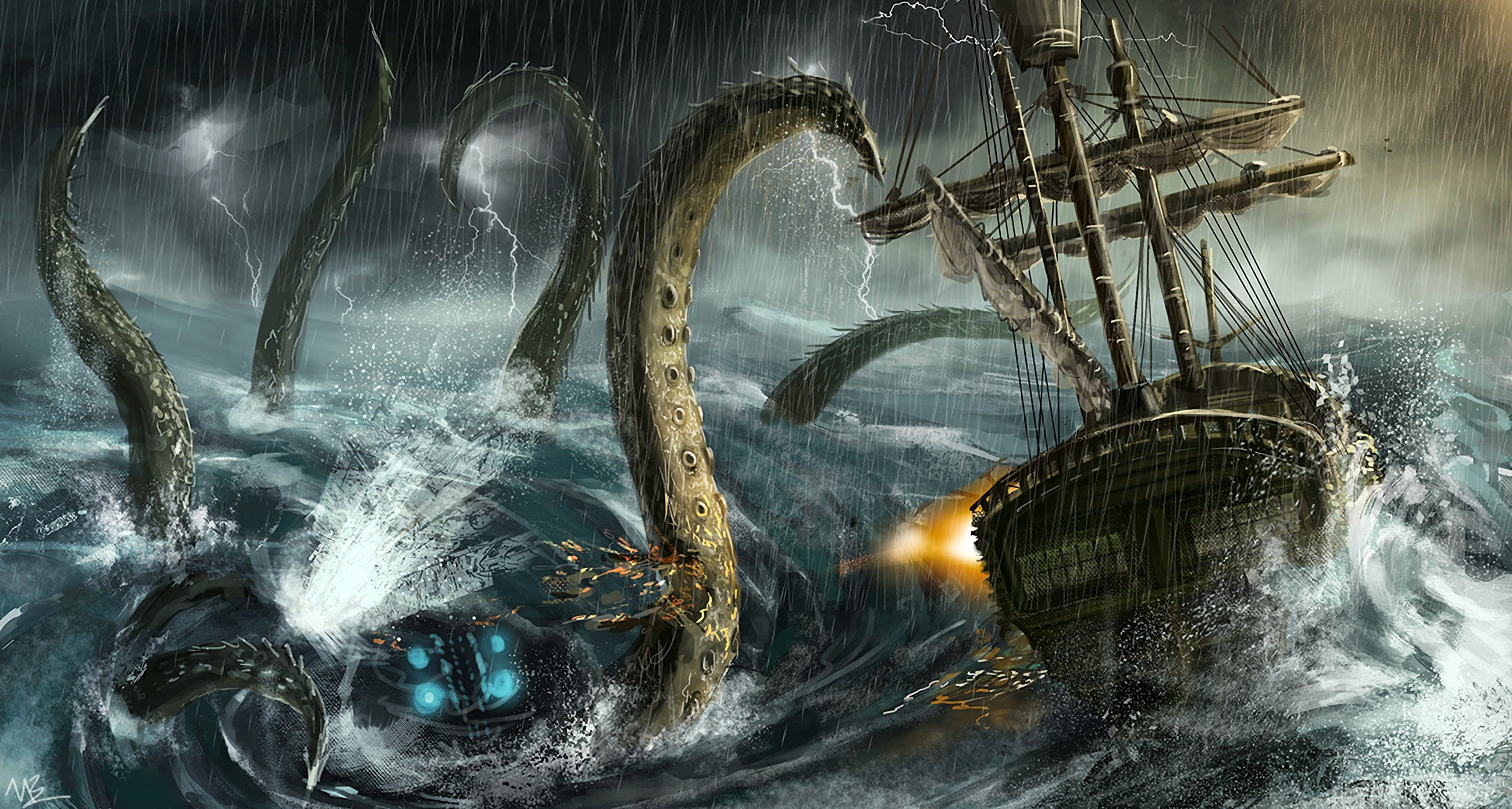 Kraken Attacking Sailing Ship Artwork Fantasy Art Sea Monster And