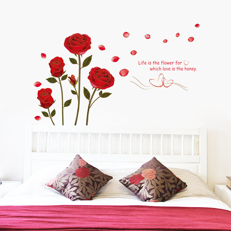 Red Rose Wall Sticker Flower Wall Mural Romantic Wall - Roses With Love ...